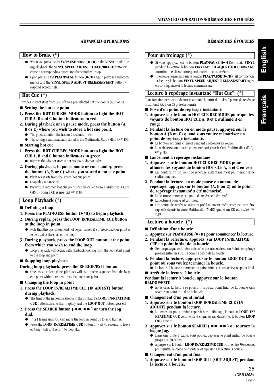 English français, Lecture à boucle (*), Pour un freinage (*) | Lecture à repérage instantané “hot cue” (*), Loop playback (*), Hot cue (*), How to brake (*) | Pioneer CDJ-1000 User Manual | Page 25 / 96