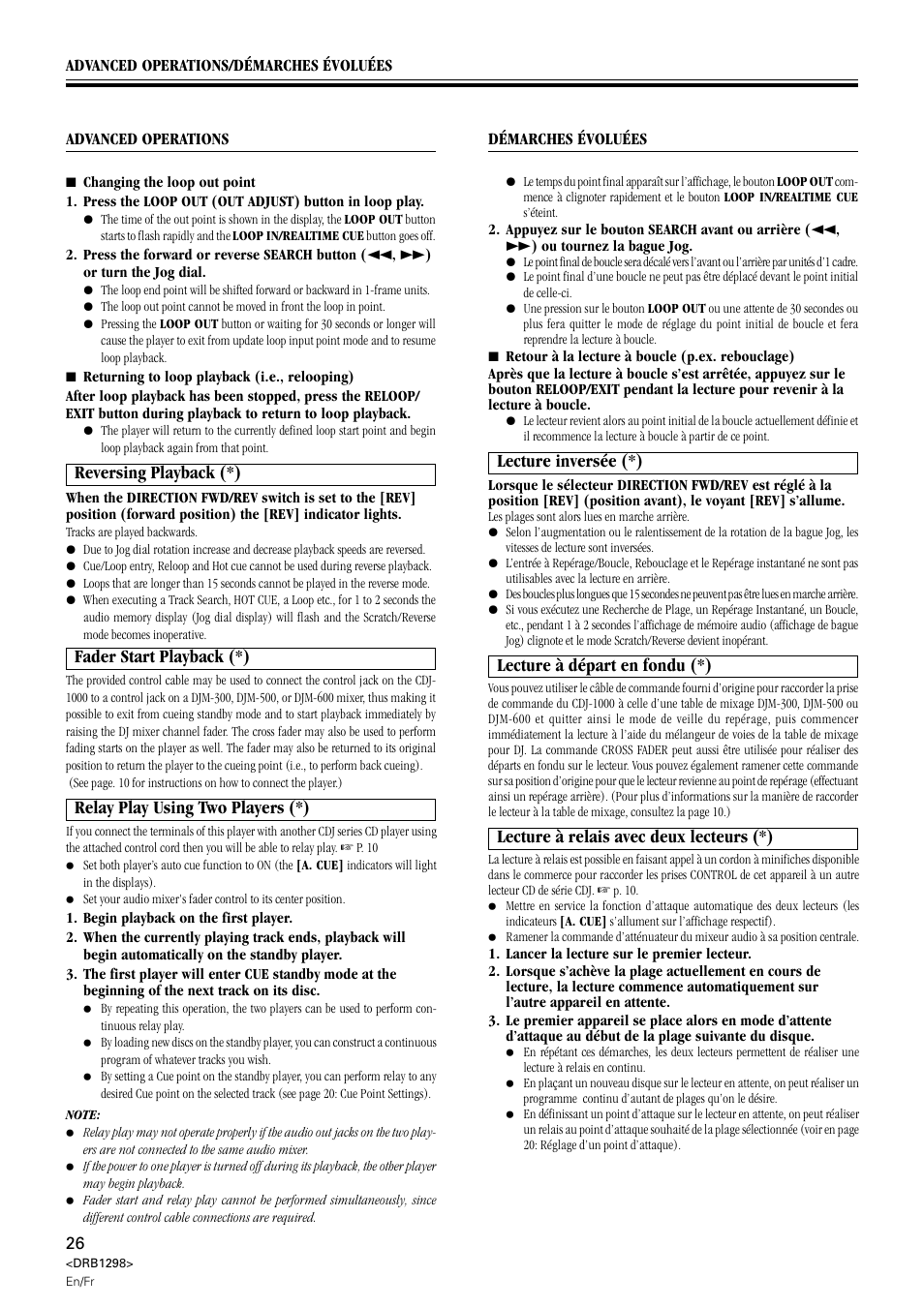 Lecture à relais avec deux lecteurs (*), Lecture à départ en fondu (*), Relay play using two players (*) | Reversing playback (*), Fader start playback (*), Lecture inversée (*) | Pioneer CDJ-1000 User Manual | Page 26 / 96