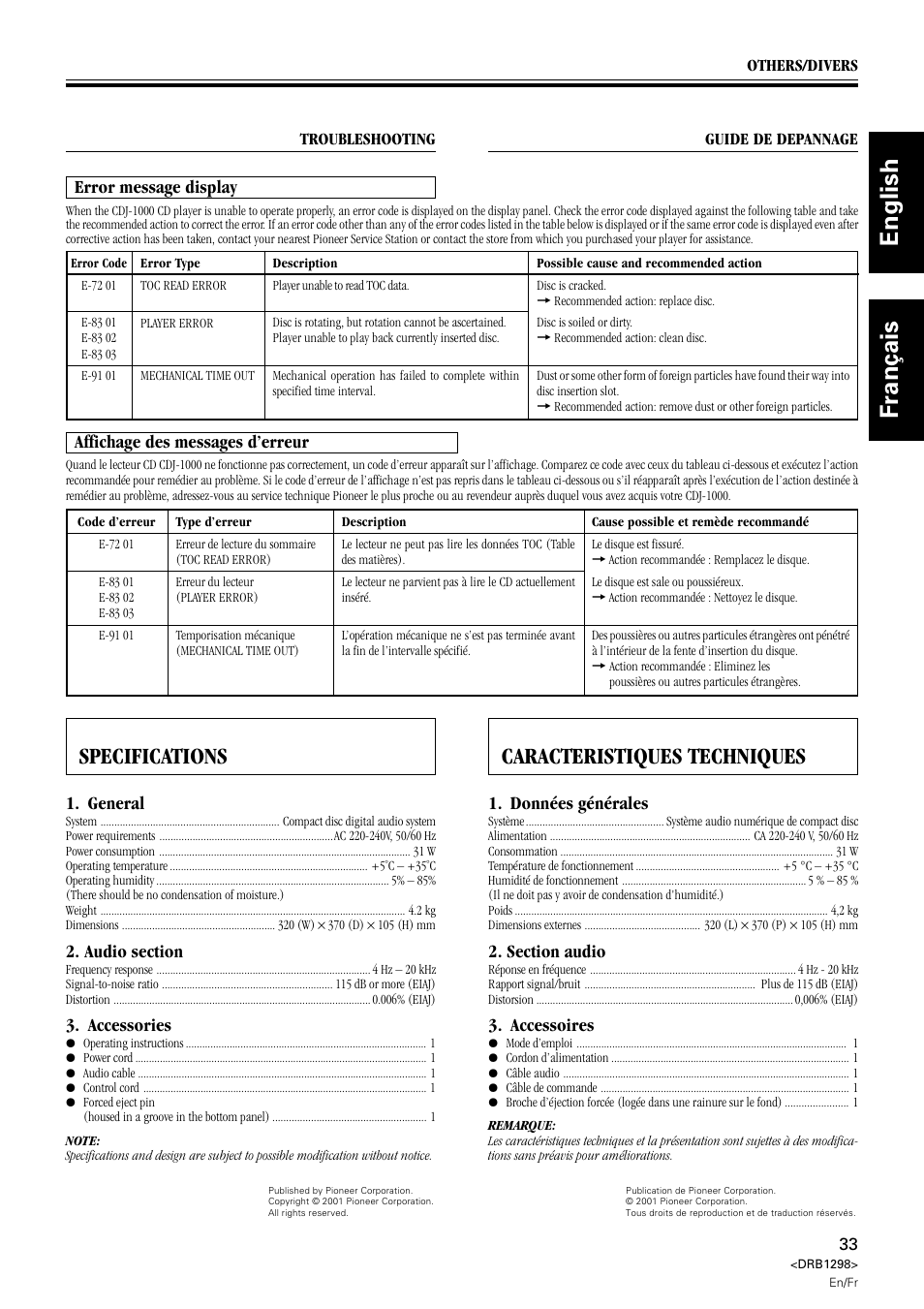 English français, Specifications, Caracteristiques techniques | Error message display, General, Accessories, Affichage des messages d’erreur, Données générales, Accessoires | Pioneer CDJ-1000 User Manual | Page 33 / 96