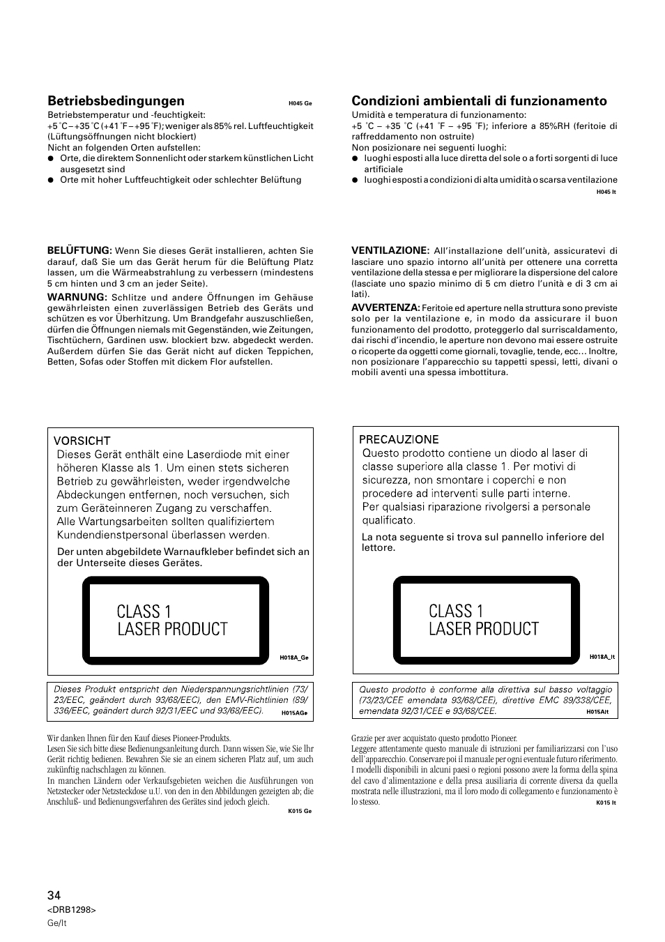 Betriebsbedingungen, Condizioni ambientali di funzionamento | Pioneer CDJ-1000 User Manual | Page 34 / 96