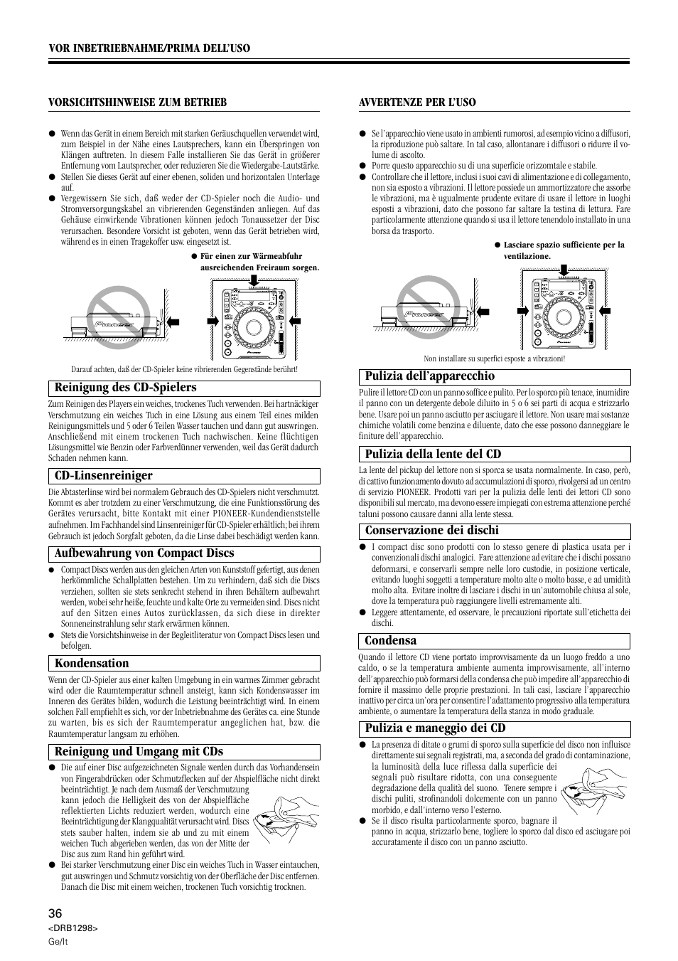 Reinigung des cd-spielers, Cd-linsenreiniger, Aufbewahrung von compact discs | Kondensation, Pulizia dell’apparecchio, Pulizia della lente del cd, Condensa, Reinigung und umgang mit cds, Pulizia e maneggio dei cd, Conservazione dei dischi | Pioneer CDJ-1000 User Manual | Page 36 / 96