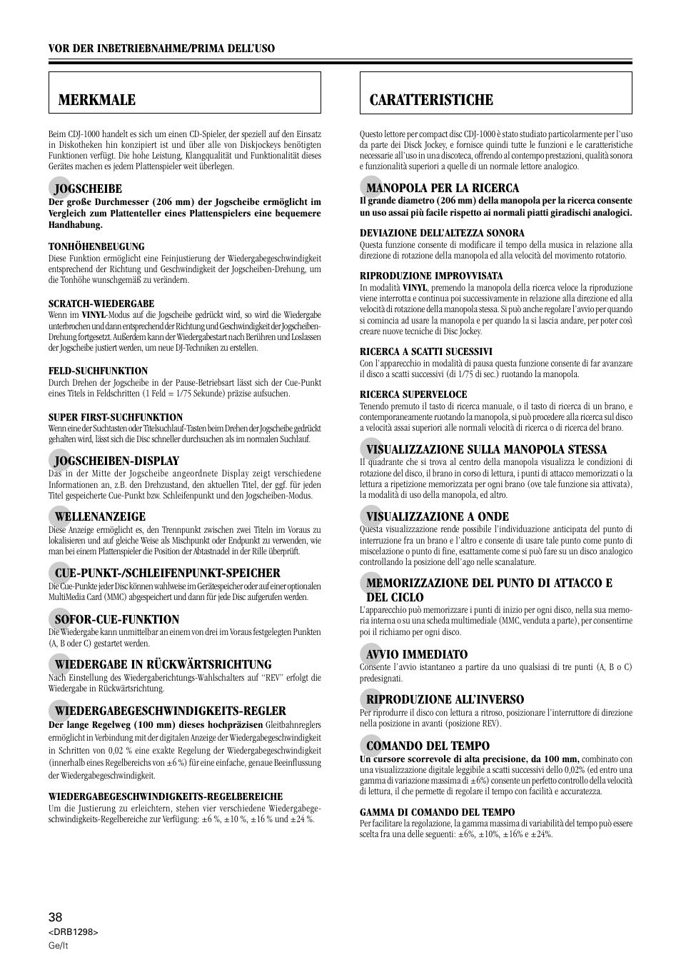 Merkmale, Caratteristiche | Pioneer CDJ-1000 User Manual | Page 38 / 96