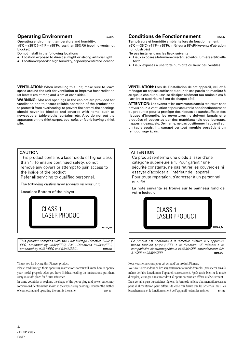 Operating environment, Conditions de fonctionnement | Pioneer CDJ-1000 User Manual | Page 4 / 96