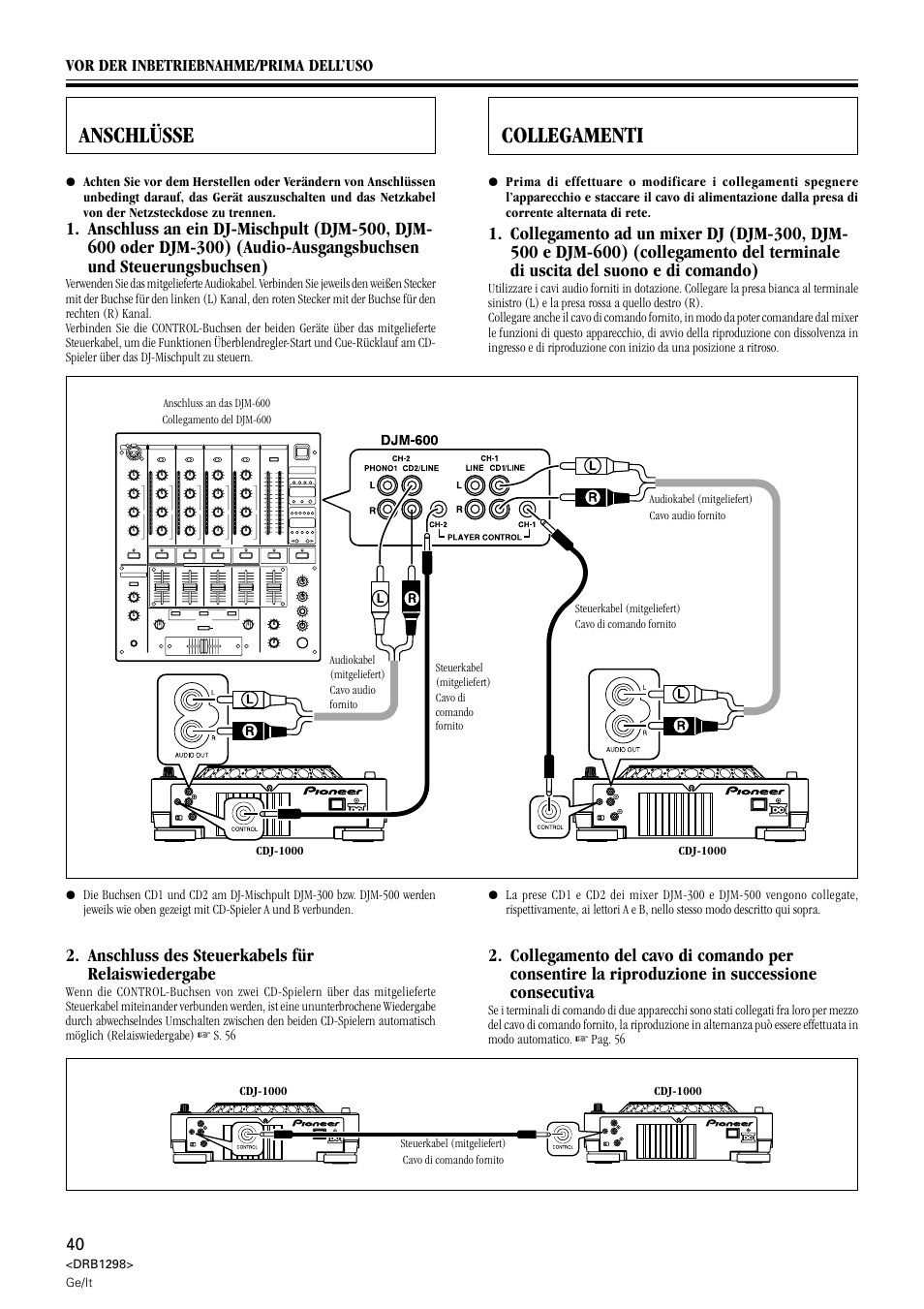 Anschlüsse, Collegamenti, Anschluss des steuerkabels für relaiswiedergabe | Pioneer CDJ-1000 User Manual | Page 40 / 96