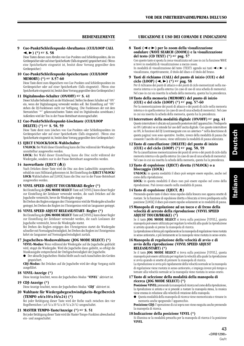 Deutsch italiano | Pioneer CDJ-1000 User Manual | Page 43 / 96