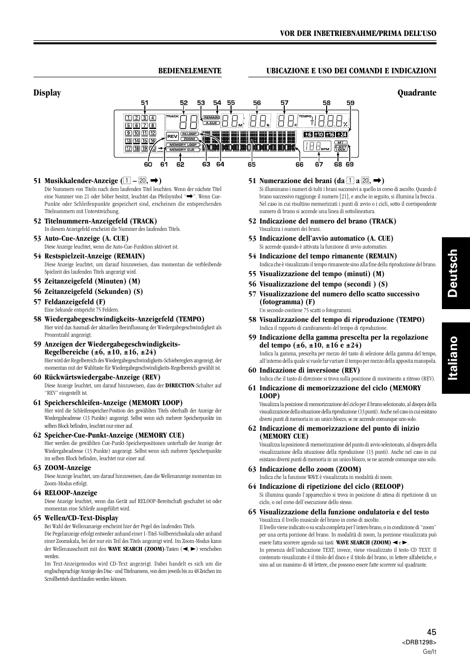 Display, Quadrante, Deutsch italiano | Pioneer CDJ-1000 User Manual | Page 45 / 96