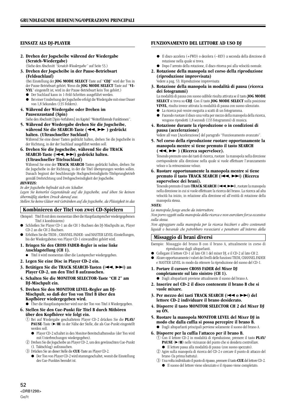 Kombinieren der titel von zwei cd-spielern, Missaggio di brani diversi | Pioneer CDJ-1000 User Manual | Page 52 / 96