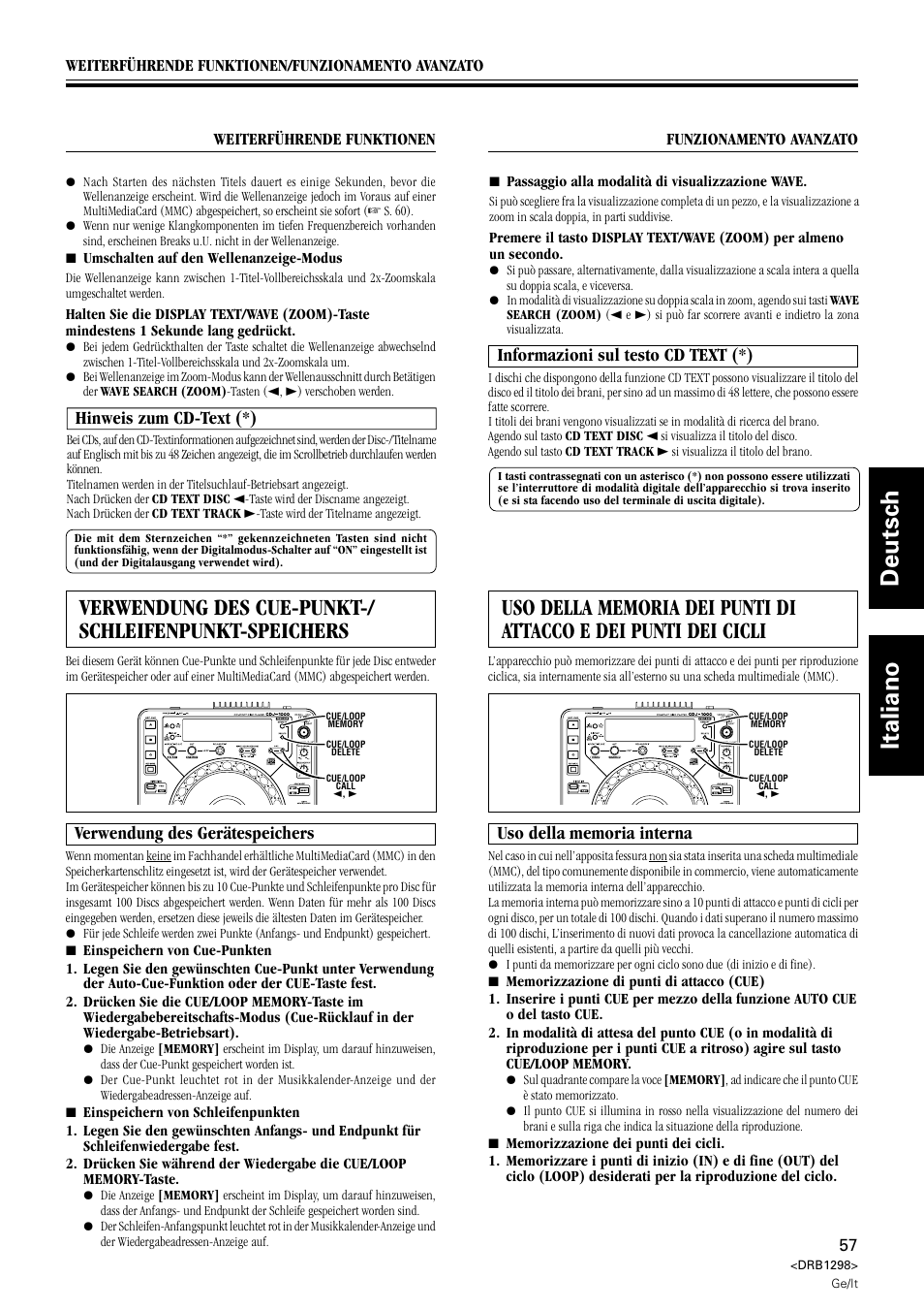 Hinweis zum cd-text, Verwendung des cue-punkt-/schleifenpunkt-speichers, Verwendung des gerätespeichers | Informazioni sul testo cd text, Uso della memoria interna, Deutsch italiano, Hinweis zum cd-text (*), Informazioni sul testo cd text (*) | Pioneer CDJ-1000 User Manual | Page 57 / 96