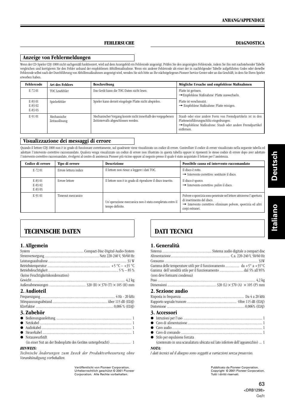 Technische daten, Dati tecnici, Deutsch italiano | Technische daten dati tecnici, Anzeige von fehlermeldungen, Visualizzazione dei messaggi di errore, Allgemein, Audioteil, Zubehör, Generalità | Pioneer CDJ-1000 User Manual | Page 63 / 96