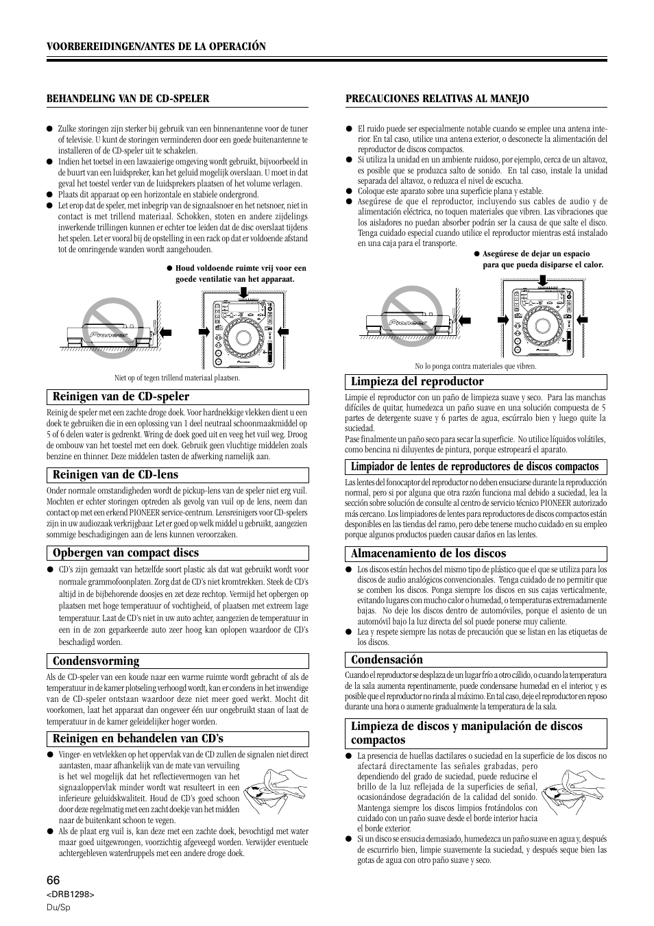 Reinigen van de cd-speler, Opbergen van compact discs, Condensvorming | Reinigen en behandelen van cd’s, Limpieza del reproductor, Almacenamiento de los discos, Condensación, Reinigen van de cd-lens | Pioneer CDJ-1000 User Manual | Page 66 / 96