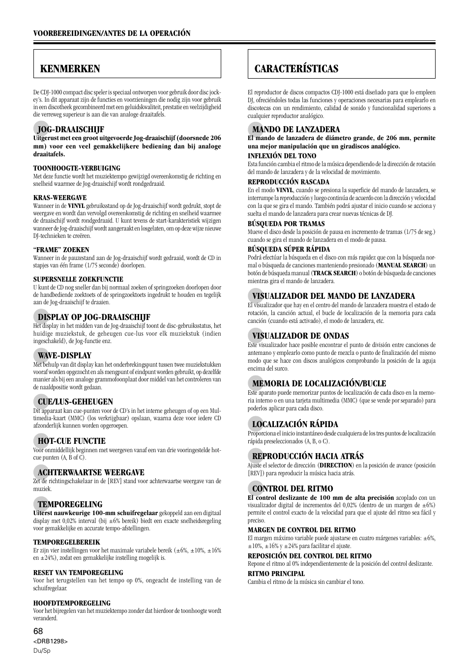 Kenmerken, Características | Pioneer CDJ-1000 User Manual | Page 68 / 96