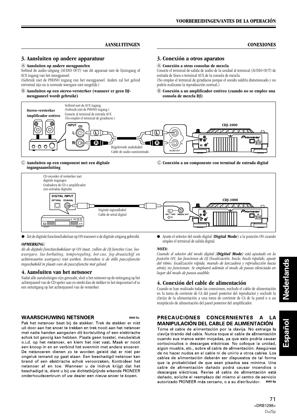 Nederlands español, Aansluiten op andere apparatuur, Aansluiten van het netsnoer | Conexión a otros aparatos, Conexión del cable de alimentación | Pioneer CDJ-1000 User Manual | Page 71 / 96