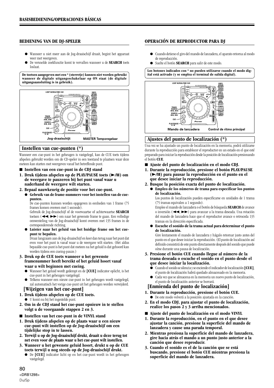Instellen van cue-punten, Ajustes del punto de localización, Instellen van cue-punten (*) | Wijzigen van het cue-punt, Ajustes del punto de localización (*), Enmienda del punto de localización, Operación de reproductor para dj, Druk tijdens afspelen op de cue toets, Durante la reproducción, presione el botón cue | Pioneer CDJ-1000 User Manual | Page 80 / 96