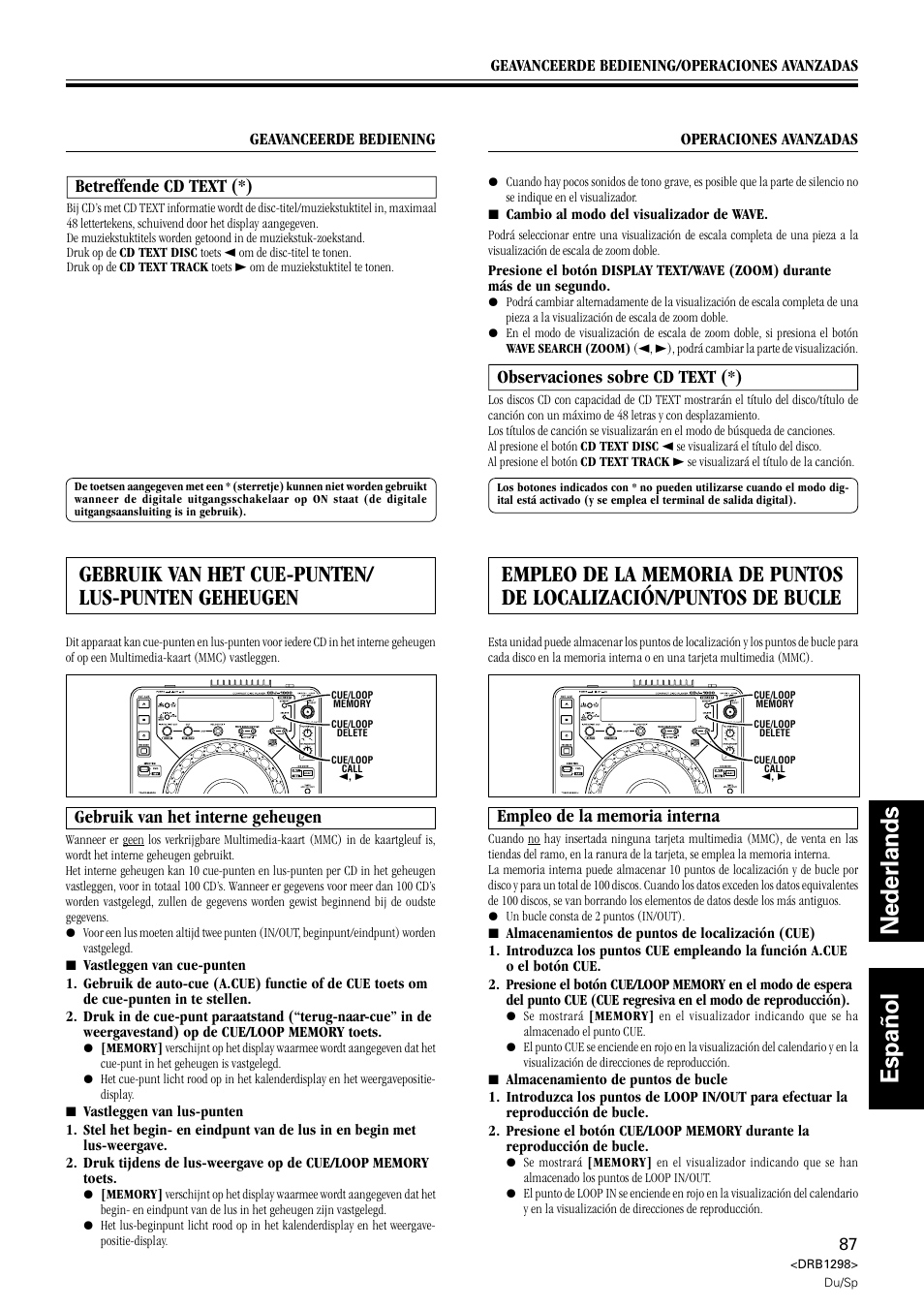 Betreffende cd text, Gebruik van het cue-punten/lus-punten geheugen, Gebruik van het interne geheugen | Observaciones sobre cd text, Empleo de la memoria interna, Nederlands español, Gebruik van het cue-punten/ lus-punten geheugen, Betreffende cd text (*), Observaciones sobre cd text (*) | Pioneer CDJ-1000 User Manual | Page 87 / 96