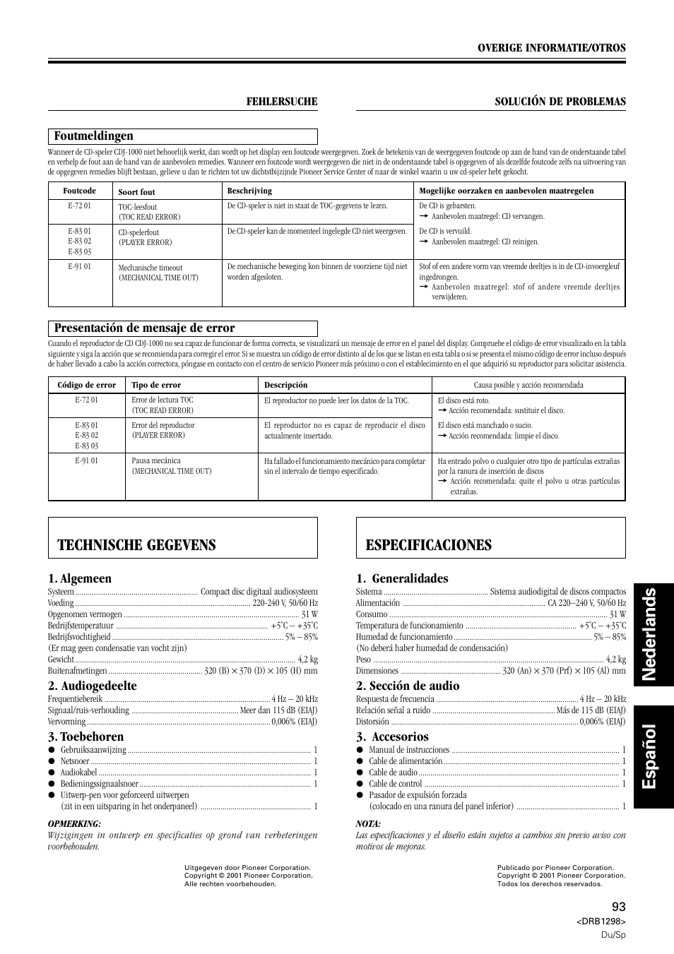 Technische gegevens, Especificaciones, Nederlands español | Foutmeldingen, Algemeen, Audiogedeelte, Toebehoren, Presentación de mensaje de error, Generalidades, Sección de audio | Pioneer CDJ-1000 User Manual | Page 93 / 96