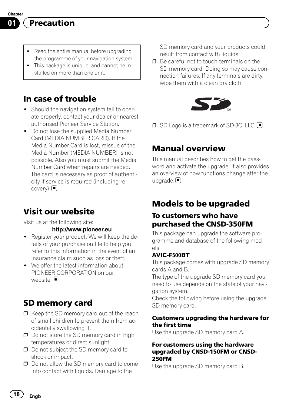 Precaution in case of trouble, Visit our website, Sd memory card | Manual overview, Models to be upgraded, To customers who have purchased the, Cnsd-350fm, 01 precaution | Pioneer CNSD-350FM User Manual | Page 10 / 36