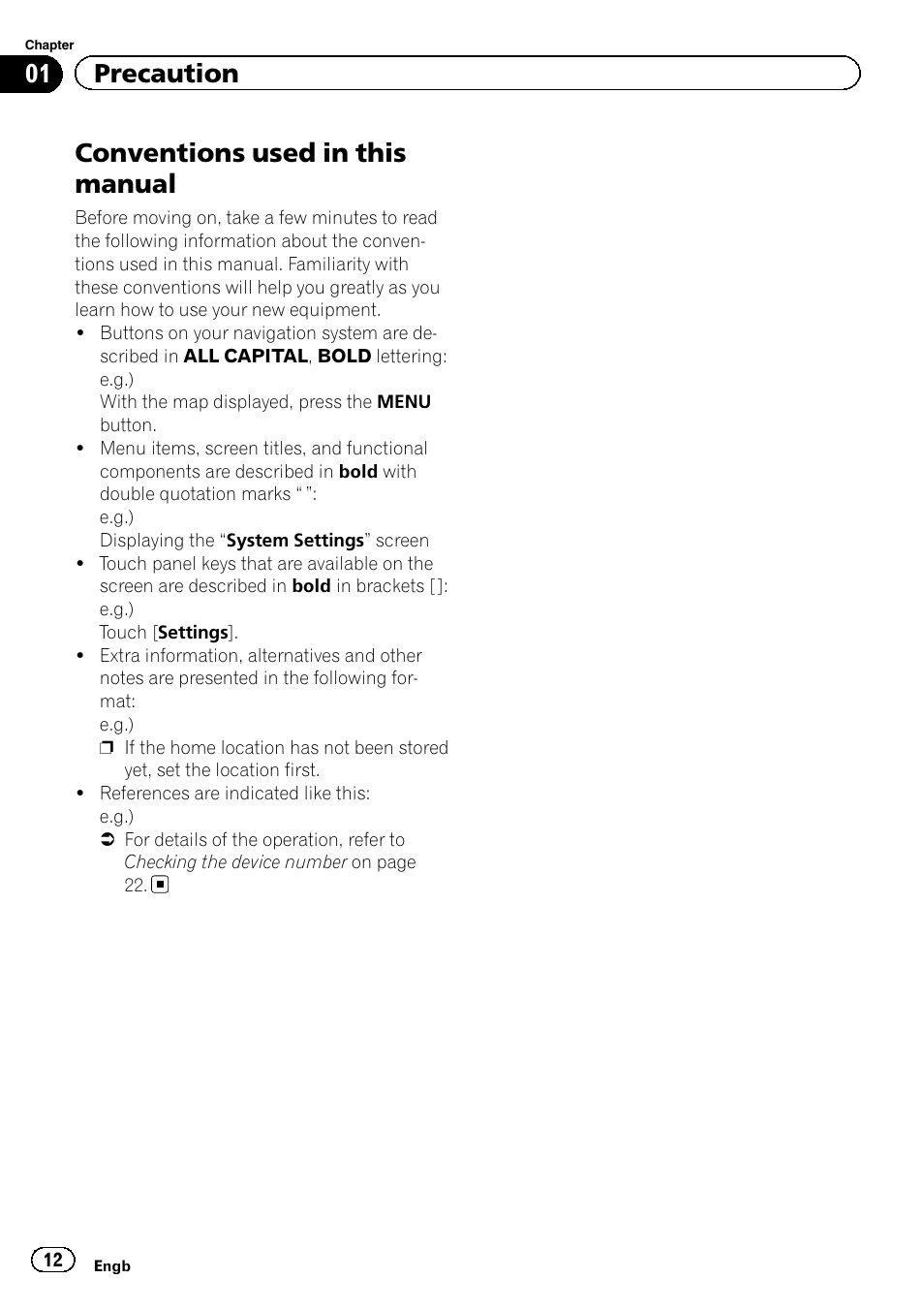 Conventions used in this manual, 01 precaution | Pioneer CNSD-350FM User Manual | Page 12 / 36