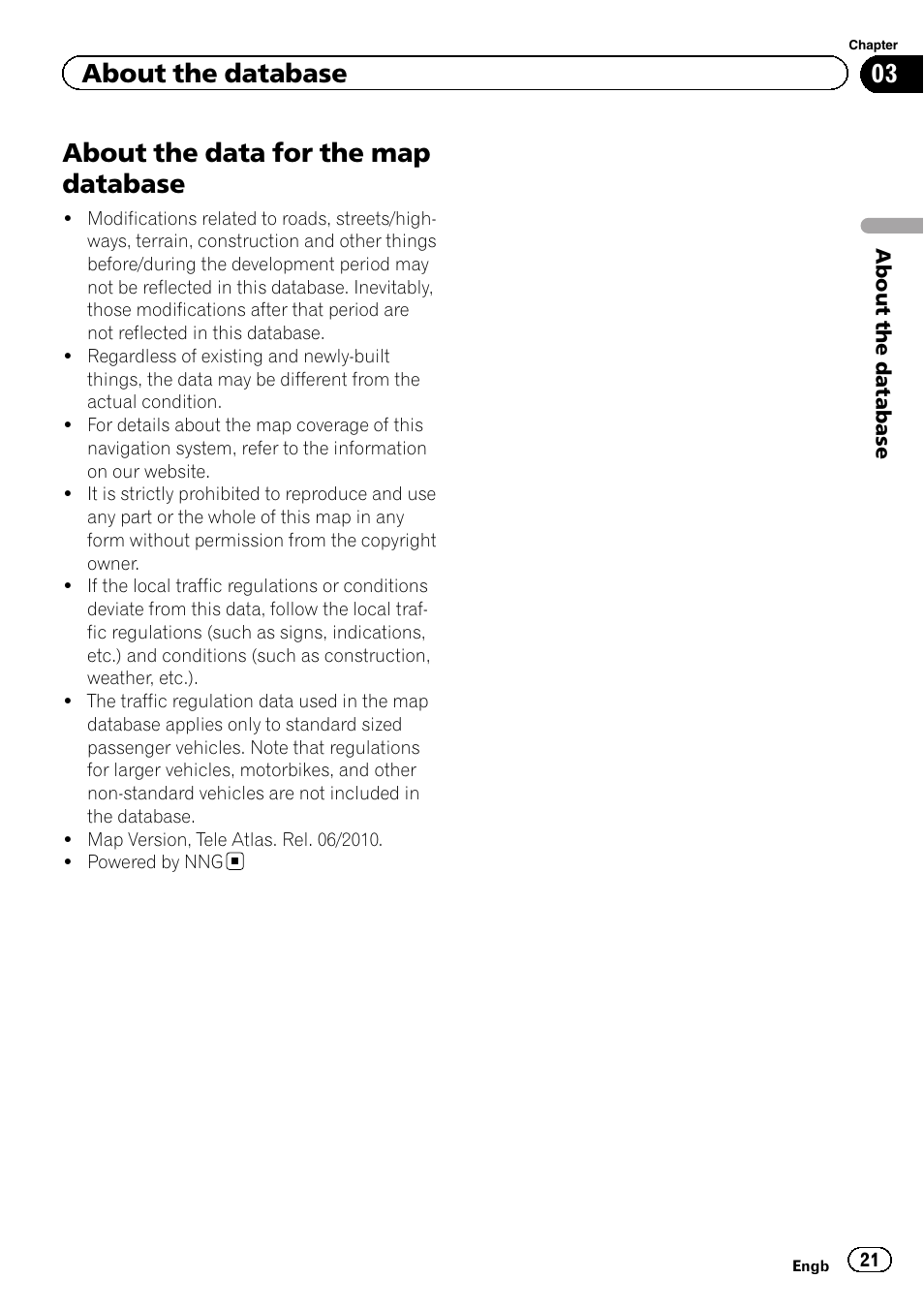 About the data for the map database, About the database | Pioneer CNSD-350FM User Manual | Page 21 / 36