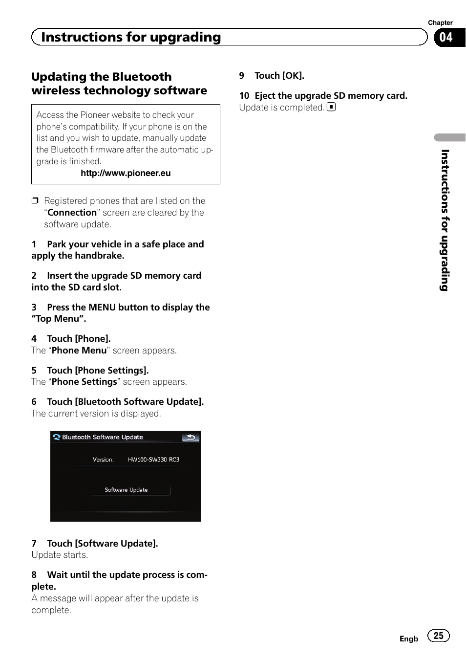 Updating the bluetooth wireless, Technology software, Updating the | Instructions for upgrading | Pioneer CNSD-350FM User Manual | Page 25 / 36