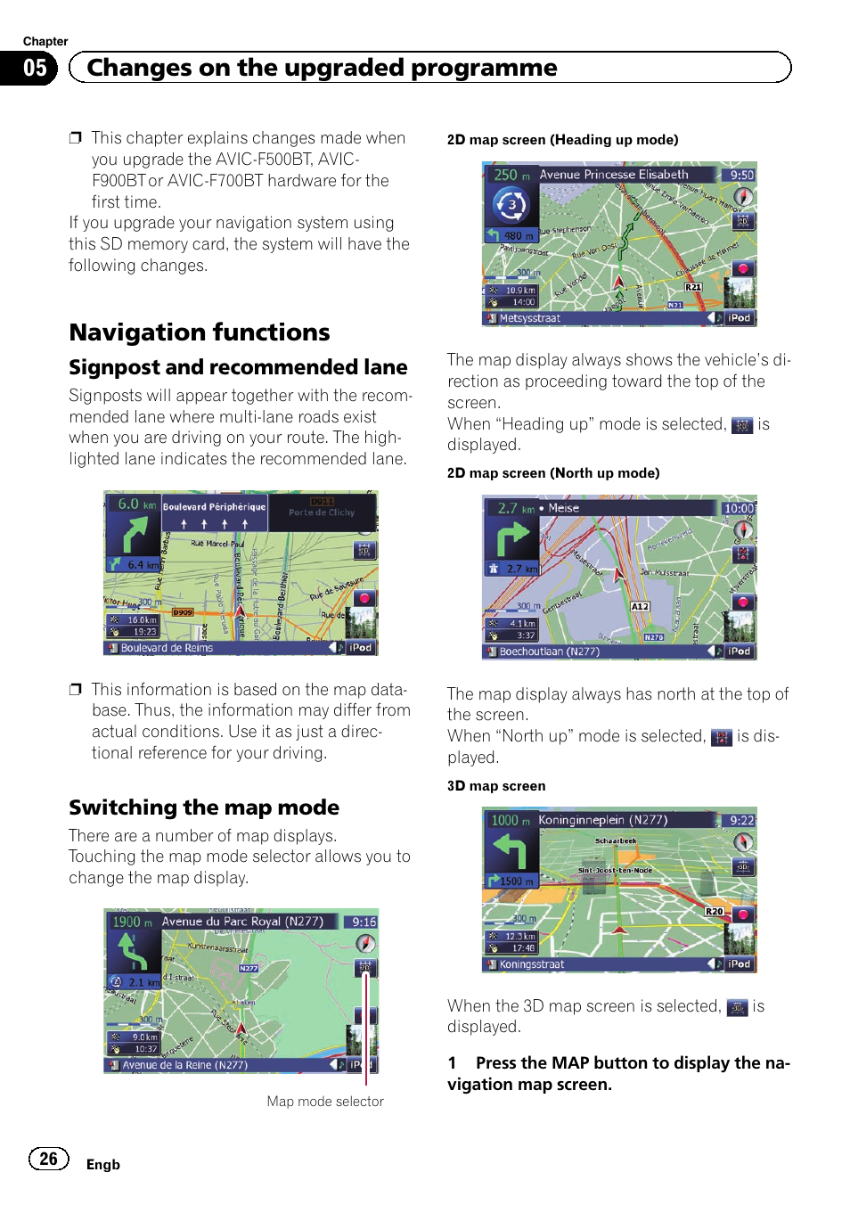 Signpost and recommended lane 26, Switching the map mode 26, Navigation functions | 05 changes on the upgraded programme, Signpost and recommended lane, Switching the map mode | Pioneer CNSD-350FM User Manual | Page 26 / 36