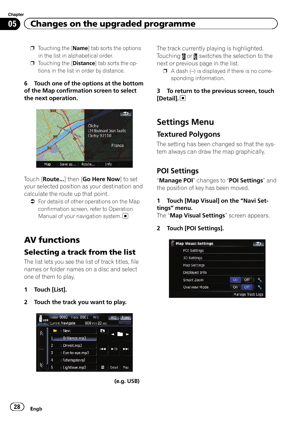 Av functions, Selecting a track from the list 28, Settings menu | Textured polygons 28, Poi settings 28, 05 changes on the upgraded programme, Selecting a track from the list, Textured polygons, Poi settings | Pioneer CNSD-350FM User Manual | Page 28 / 36