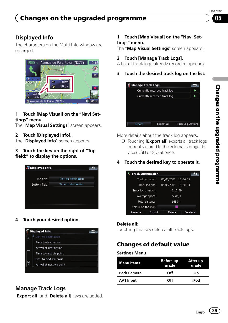 Displayed info 29, Manage track logs 29, Changes of default value 29 | Changes on the upgraded programme, Displayed info, Manage track logs, Changes of default value | Pioneer CNSD-350FM User Manual | Page 29 / 36