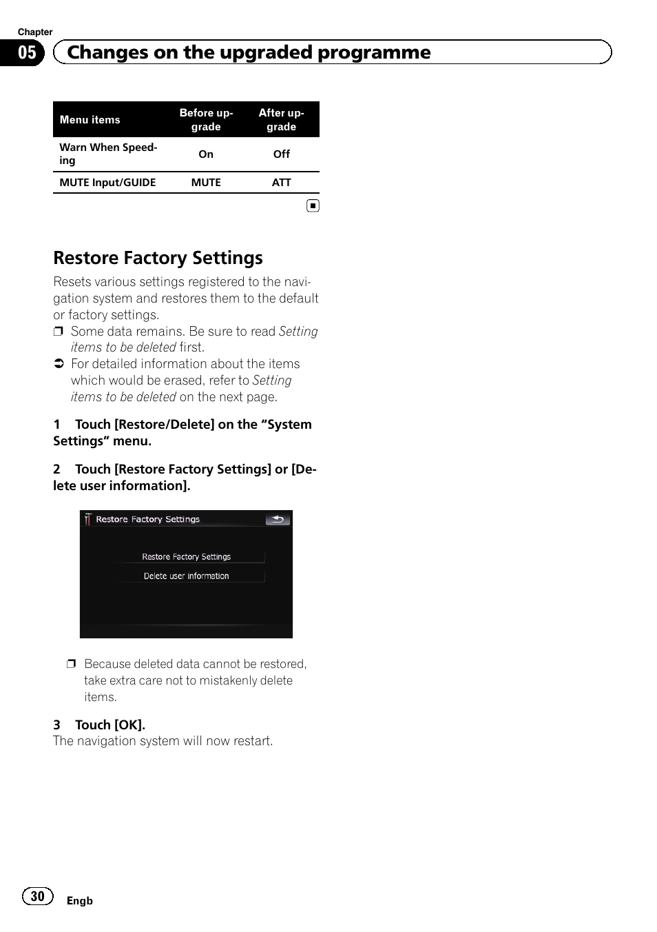 Restore factory settings, 05 changes on the upgraded programme | Pioneer CNSD-350FM User Manual | Page 30 / 36