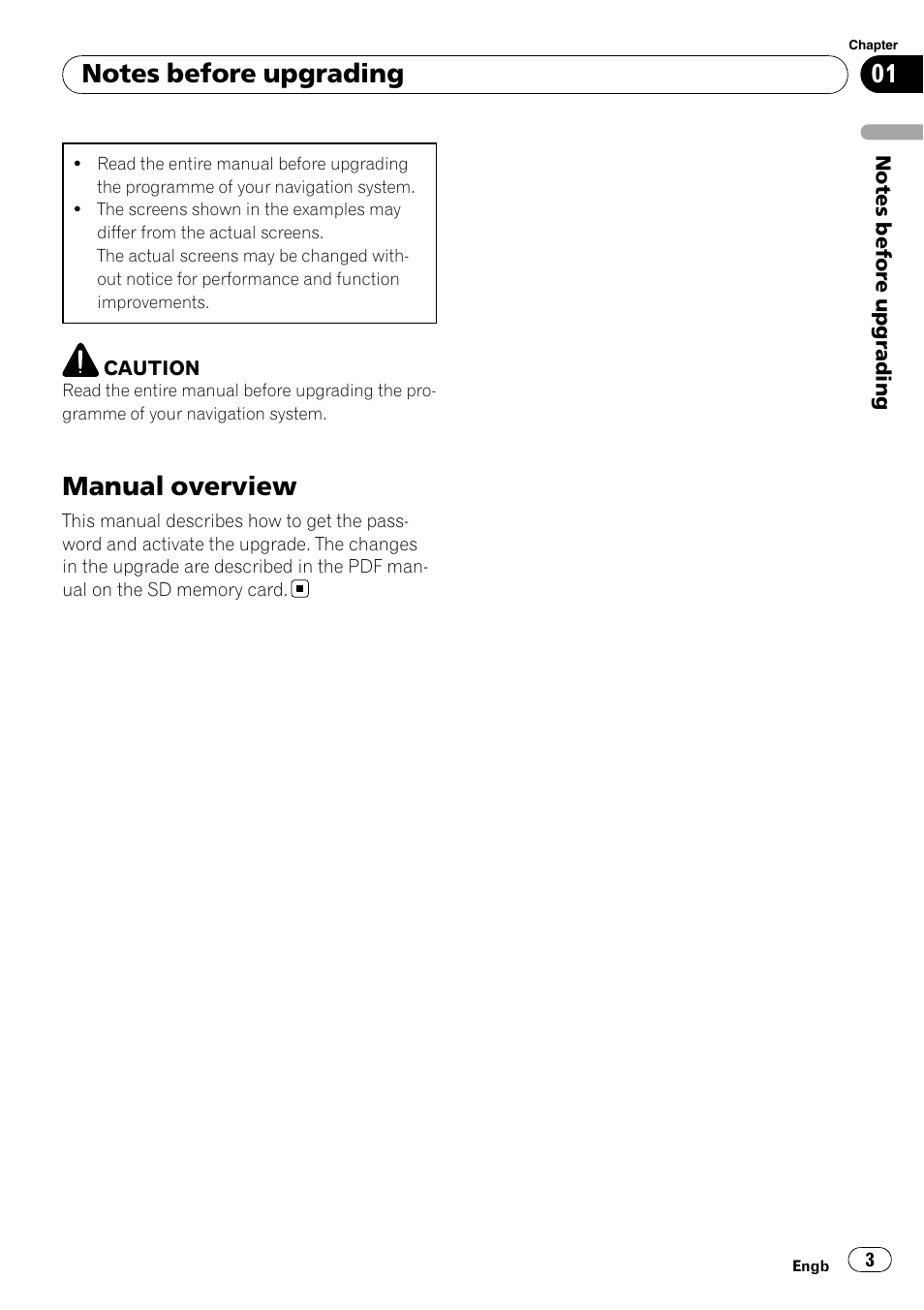 Notes before upgrading, Manual overview | Pioneer CNSD-100FM User Manual | Page 3 / 8