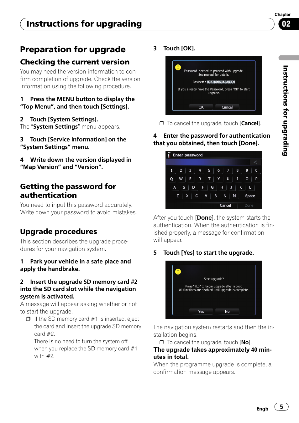 Instructions for upgrading preparation for upgrade, Checking the current version 5, Getting the password for | Authentication, Upgrade procedures 5, Preparation for upgrade, Instructions for upgrading | Pioneer CNSD-100FM User Manual | Page 5 / 8