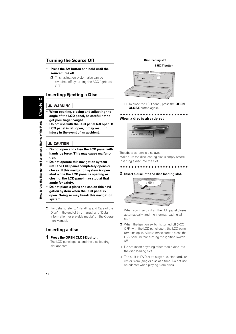 Inserting a disc 12, Turning the source off, Inserting/ejecting a disc | Inserting a disc | Pioneer AVIC-HD3 RU User Manual | Page 14 / 22
