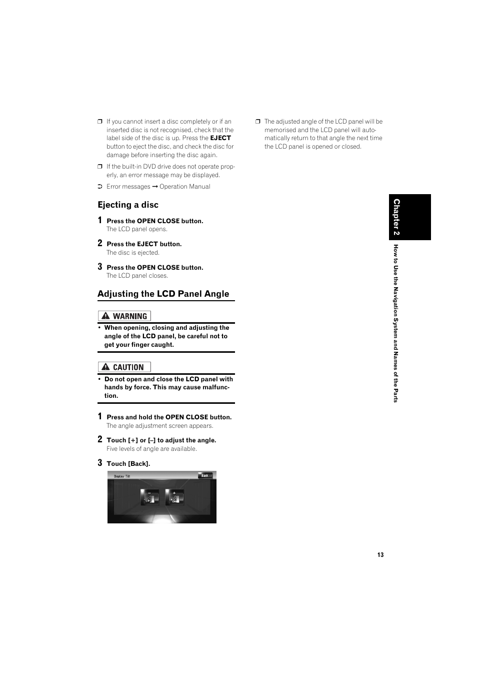 Ejecting a disc 13, Adjusting the lcd panel angle 13, Ejecting a disc | Adjusting the lcd panel angle | Pioneer AVIC-HD3 RU User Manual | Page 15 / 22