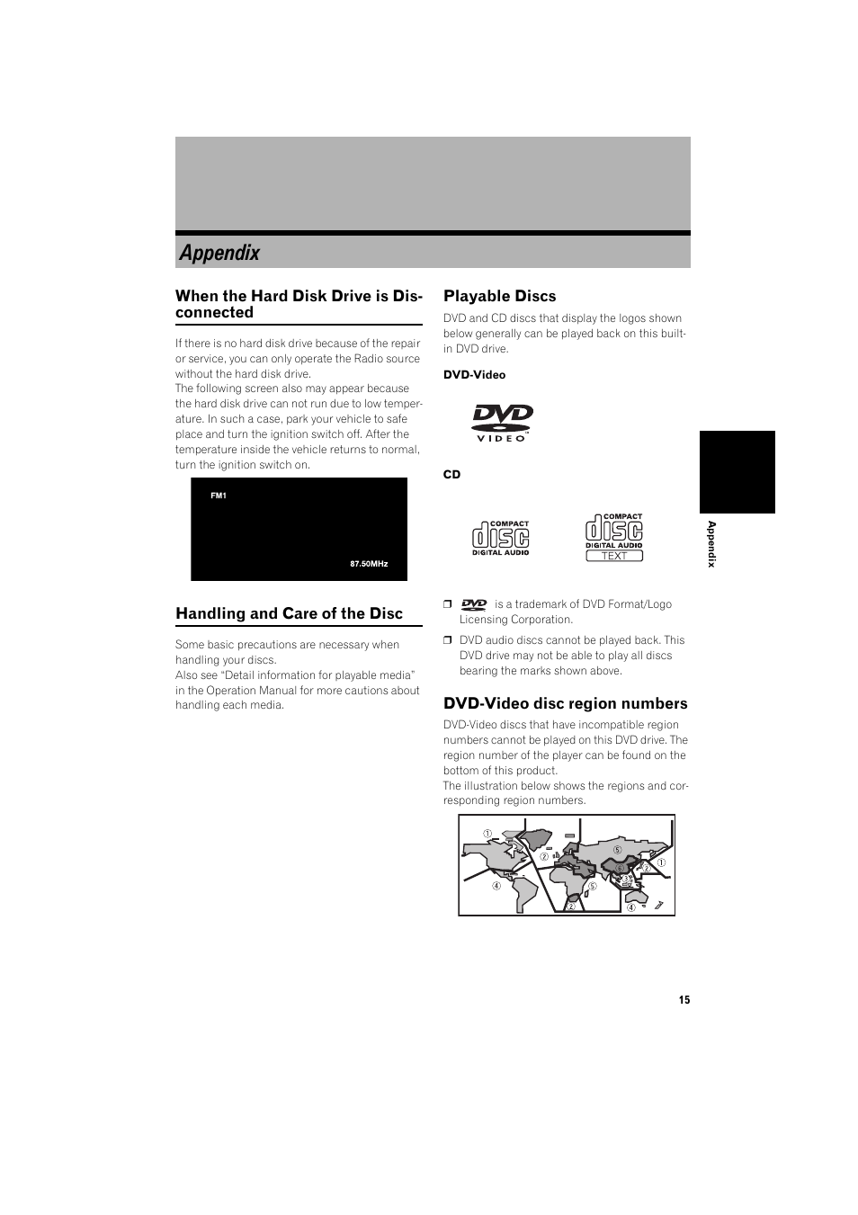 Appendix, Playable discs 15, Dvd-video disc region numbers 15 | Pioneer AVIC-HD3 RU User Manual | Page 17 / 22