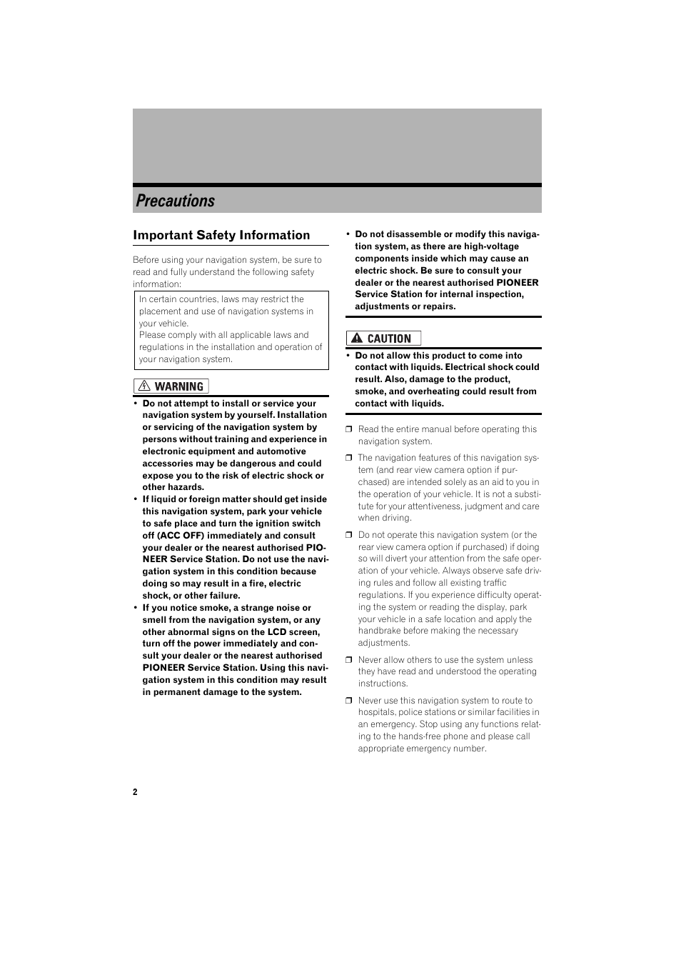 Precautions, Important safety information 2, Important safety information | Pioneer AVIC-HD3 RU User Manual | Page 4 / 22