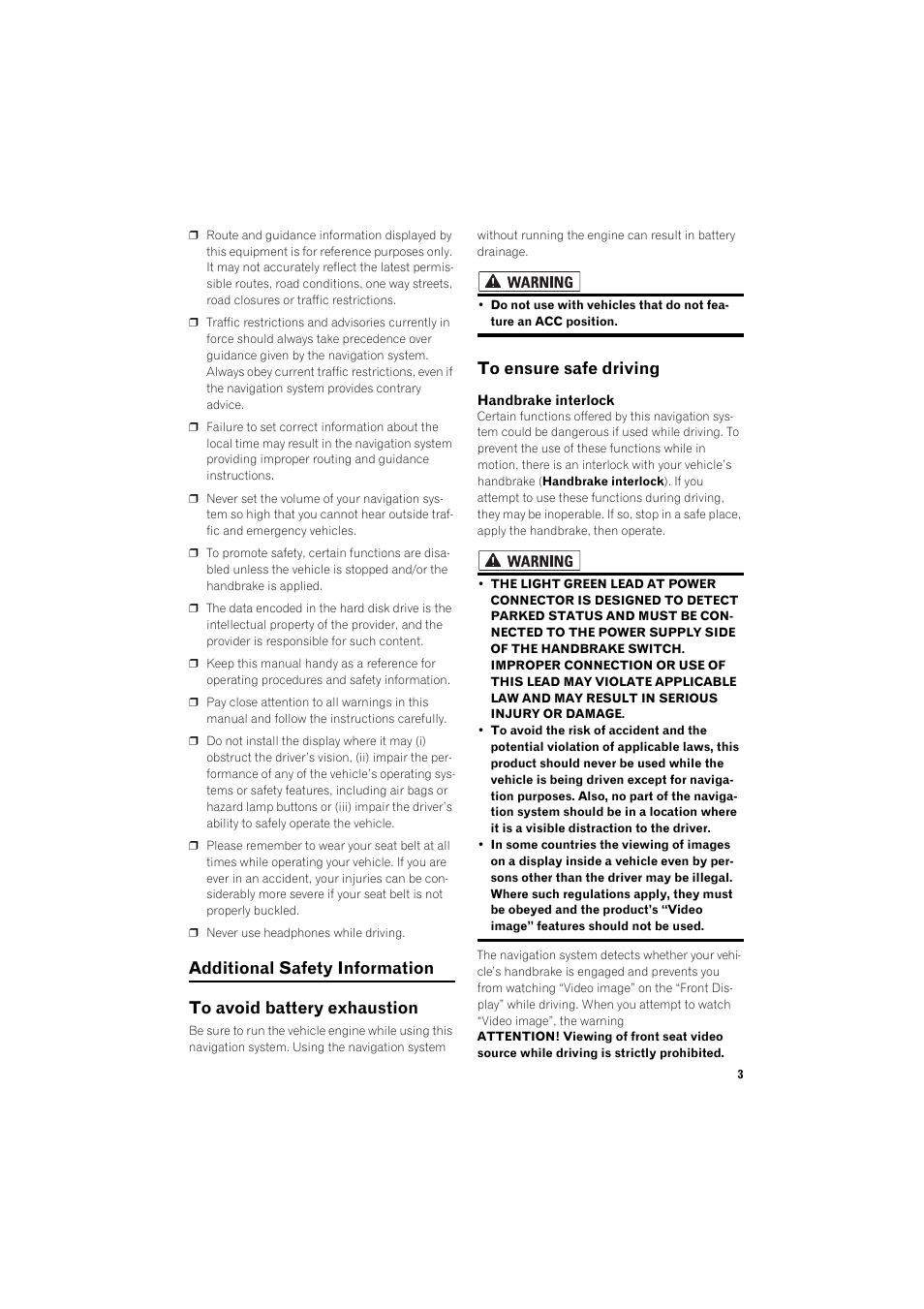 Additional safety information 3, To avoid battery exhaustion 3, To ensure safe driving 3 | Pioneer AVIC-HD3 RU User Manual | Page 5 / 22