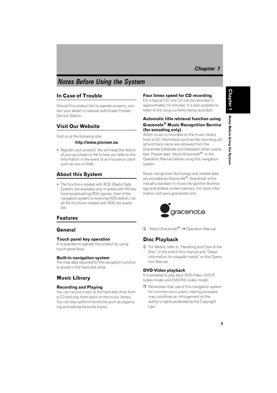 Chapter 1, Notes before using the system, General 5 | Music library 5, Disc playback 5, Visit our website, About this system, Features general, Music library, Disc playback | Pioneer AVIC-HD3 RU User Manual | Page 7 / 22
