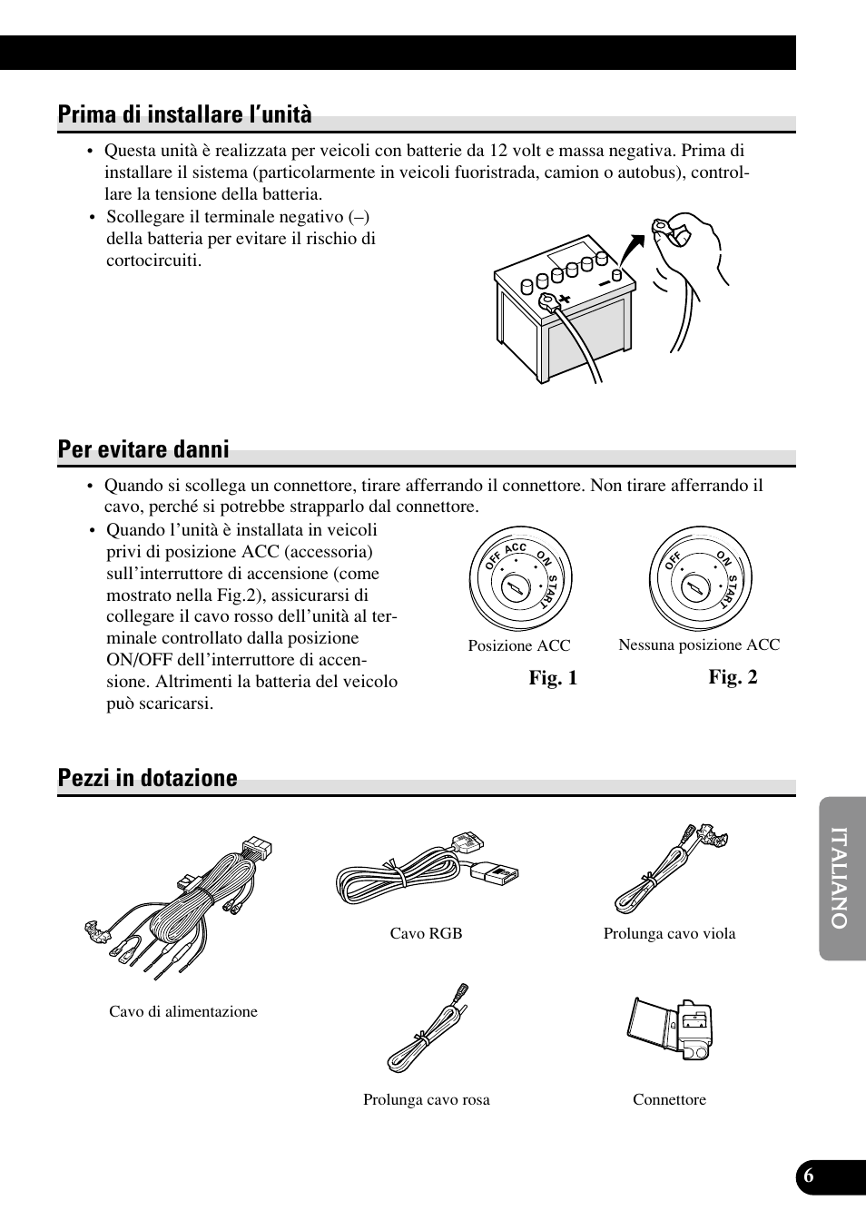 Prima di installare l’unità, Per evitare danni, Pezzi in dotazione | Fig. 2, Fig. 1 | Pioneer AVIC70S User Manual | Page 103 / 148