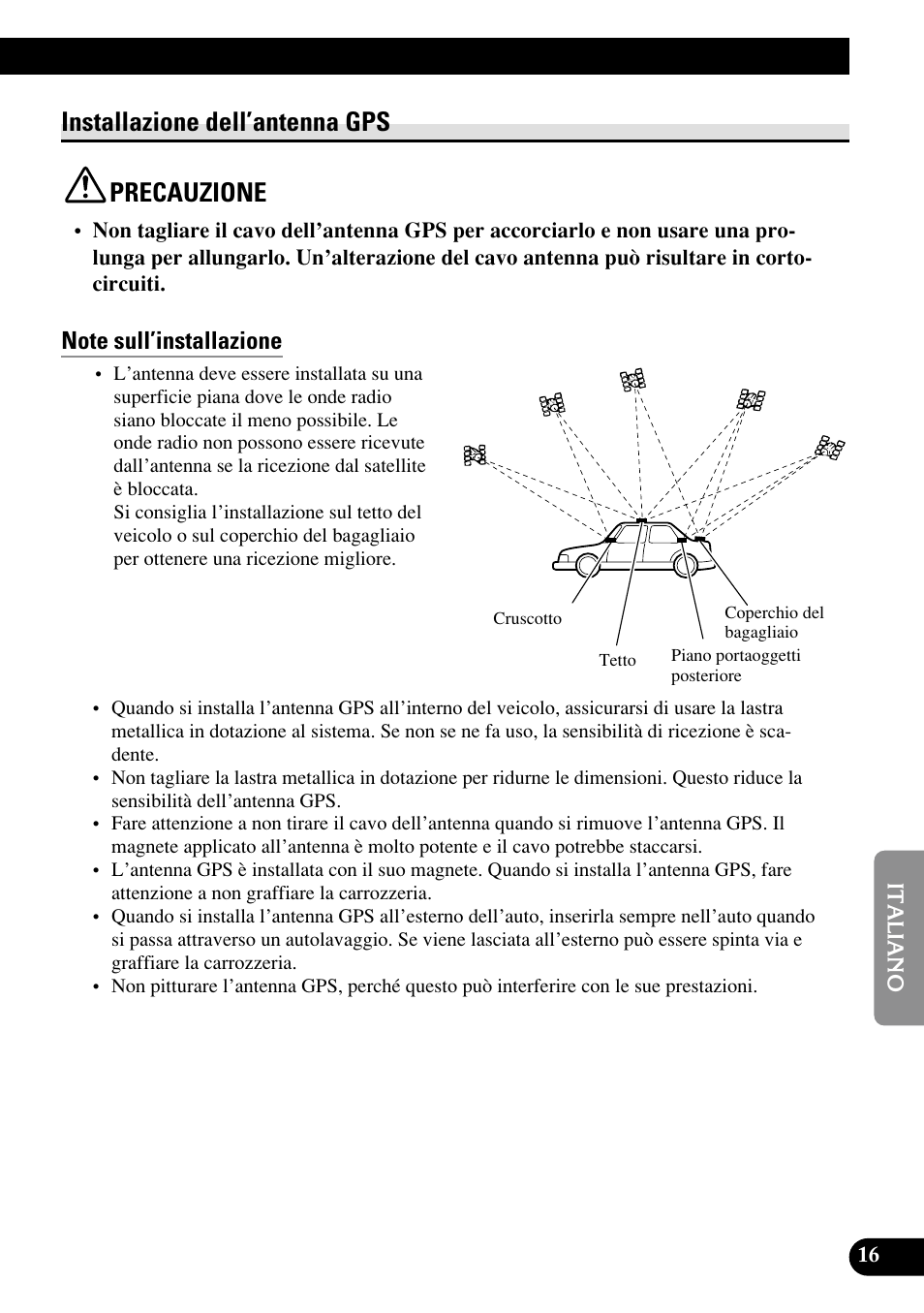 Installazione dell’antenna gps, Precauzione, Note sull’installazione | Pezzi in dotazione, Installazione dell’antenna gps precauzione | Pioneer AVIC70S User Manual | Page 113 / 148