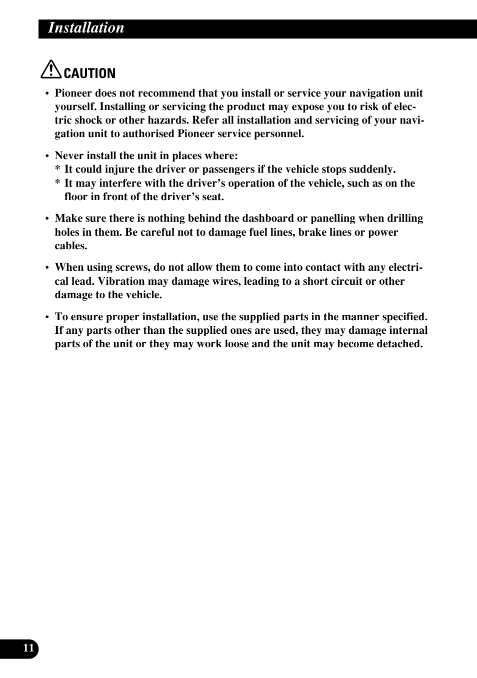 Installation, Caution | Pioneer AVIC70S User Manual | Page 12 / 148