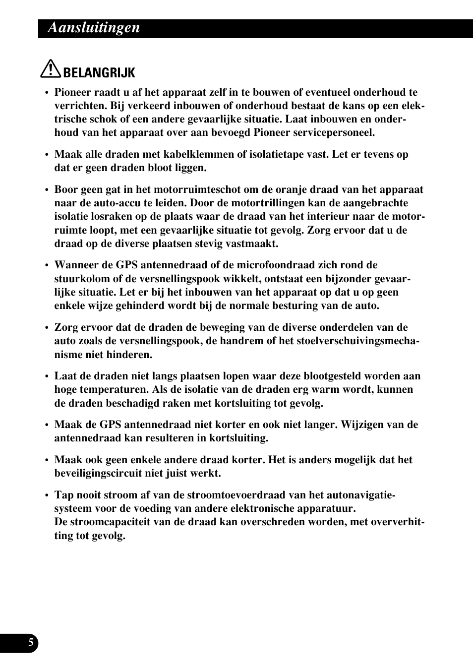 Aansluitingen, Belangrijk | Pioneer AVIC70S User Manual | Page 126 / 148