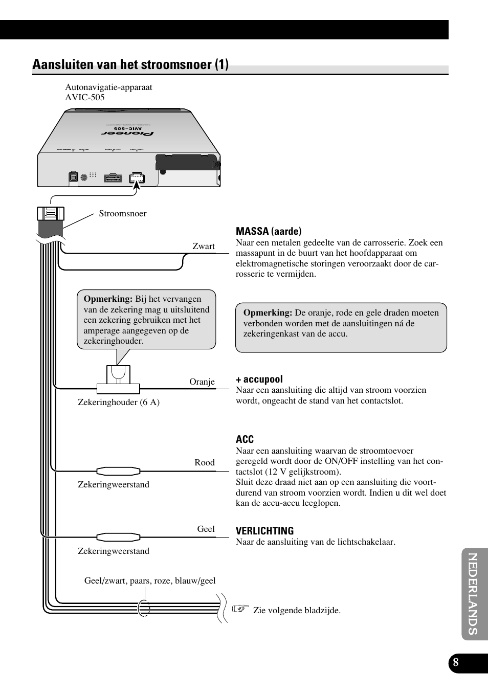 Aansluiten van het stroomsnoer (1) | Pioneer AVIC70S User Manual | Page 129 / 148