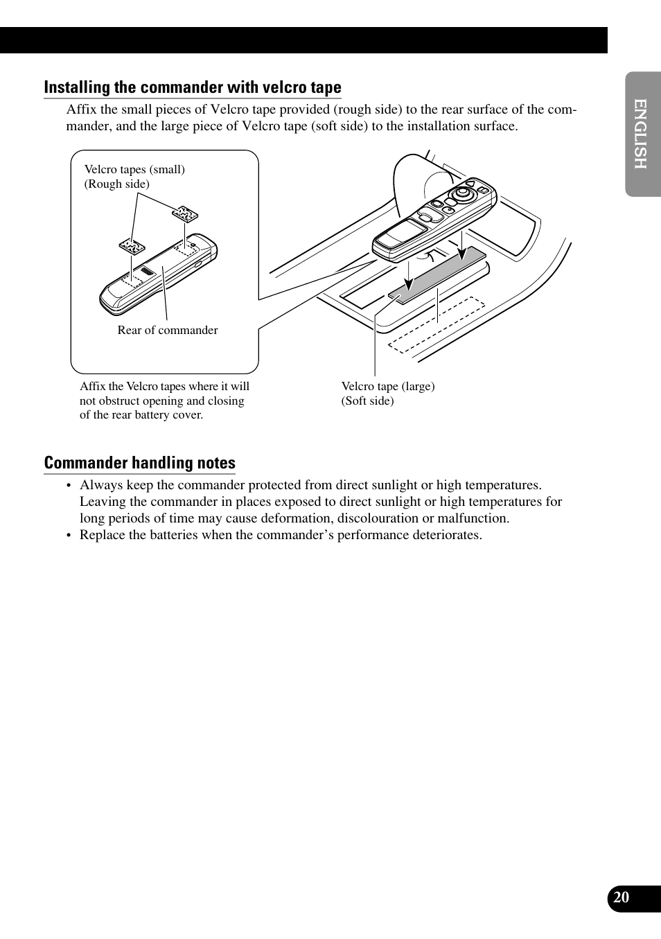 Installing the commander with velcro tape | Pioneer AVIC70S User Manual | Page 21 / 148