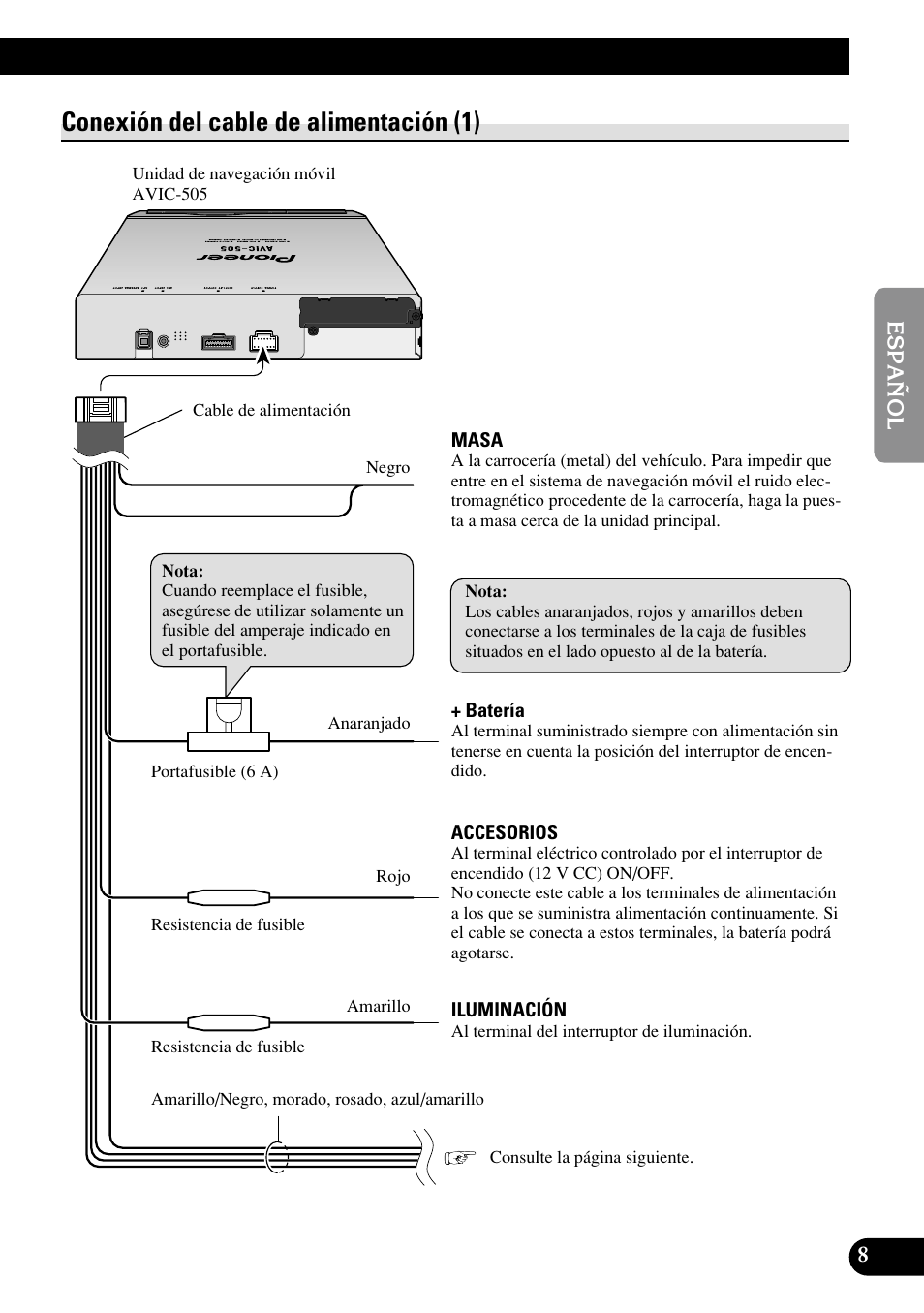 Conexión del cable de alimentación (1) | Pioneer AVIC70S User Manual | Page 33 / 148
