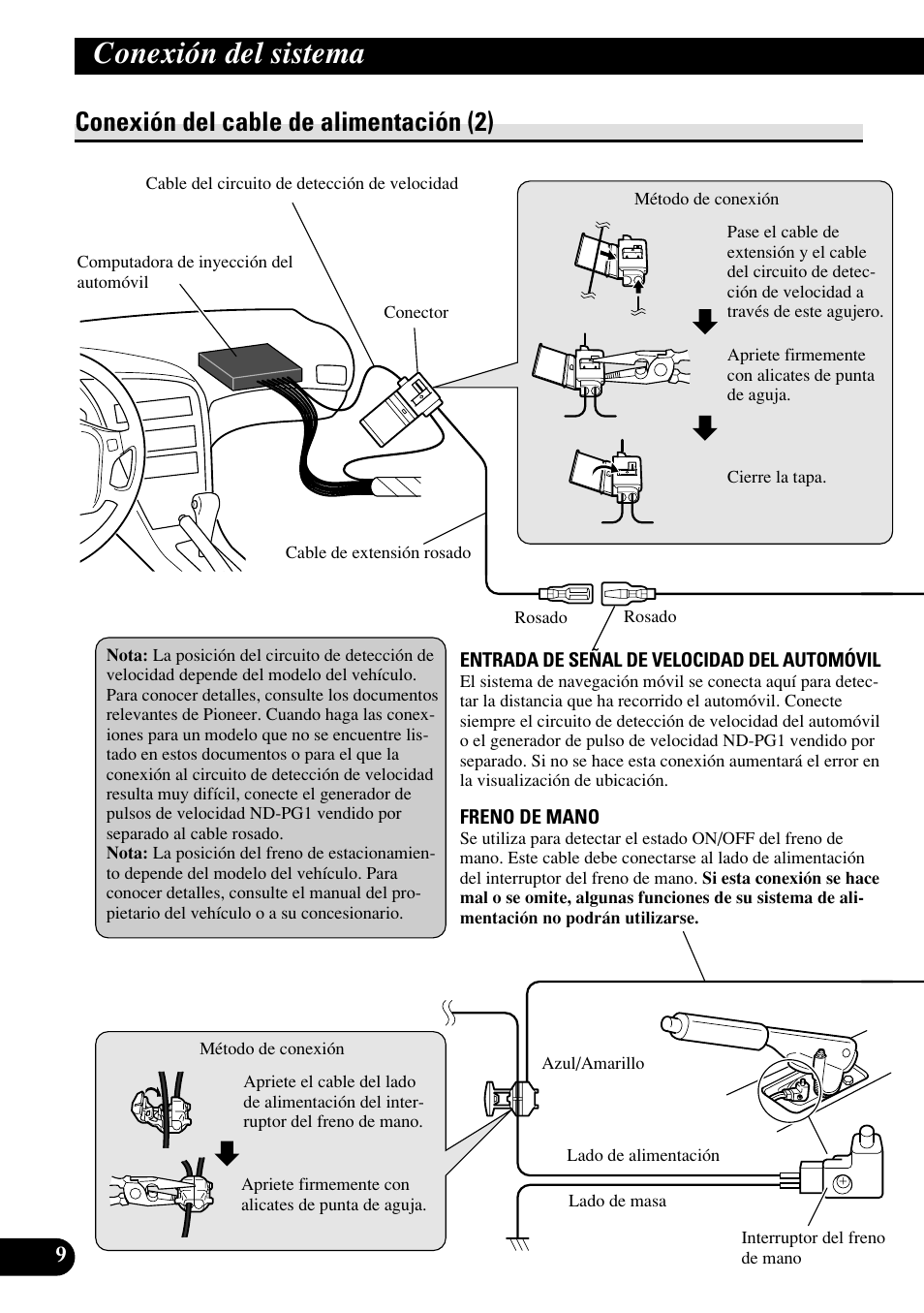 Conexión del cable de alimentación (2), Conexión del sistema | Pioneer AVIC70S User Manual | Page 34 / 148