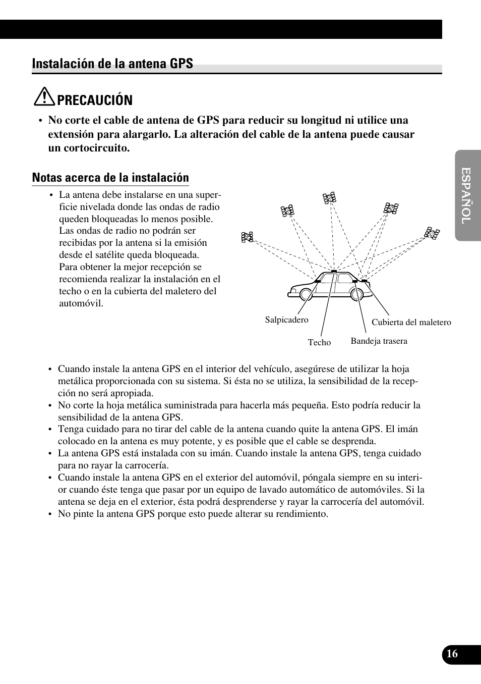 Instalación de la antena gps, Precaución, Notas acerca de la instalación | Partes suministradas, Instalación de la antena gps precaución | Pioneer AVIC70S User Manual | Page 41 / 148
