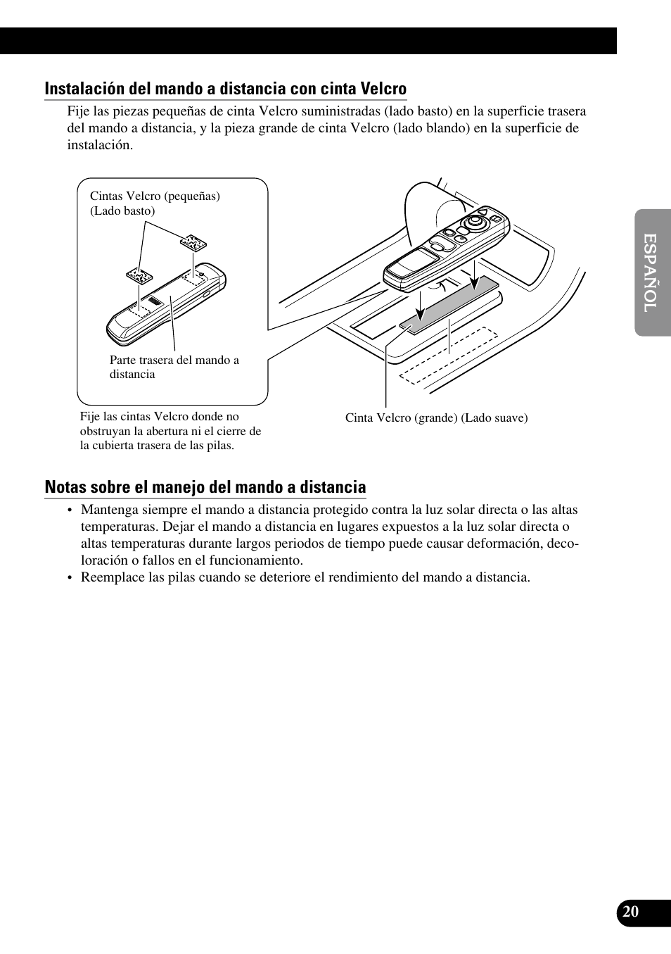 Instalación del mando a distancia con cinta velcro, Notas sobre el manejo del mando a distancia | Pioneer AVIC70S User Manual | Page 45 / 148