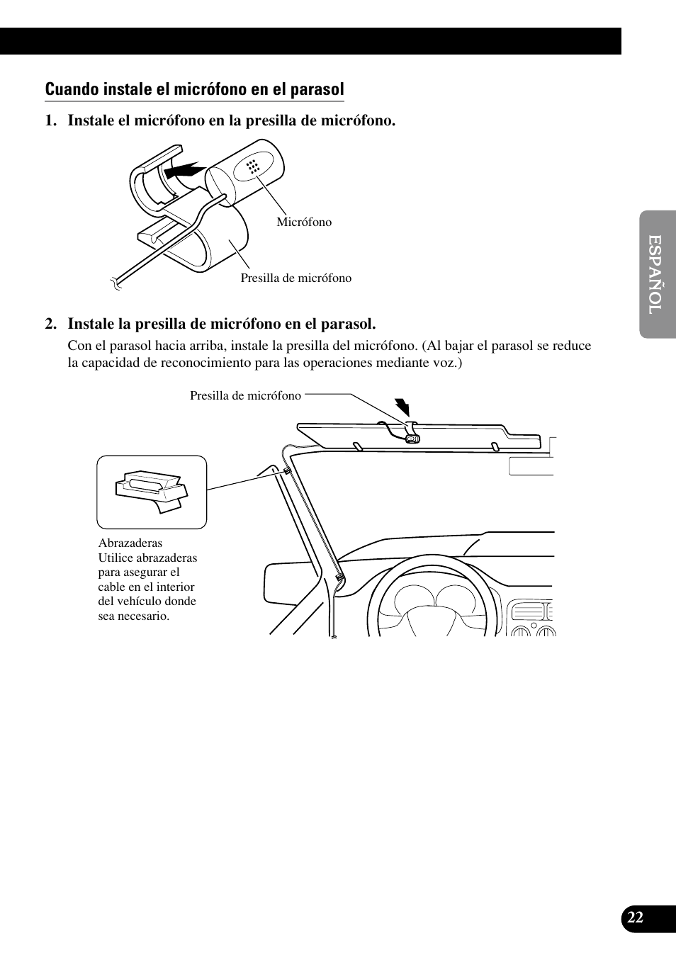 Cuando instale el micrófono en el parasol | Pioneer AVIC70S User Manual | Page 47 / 148