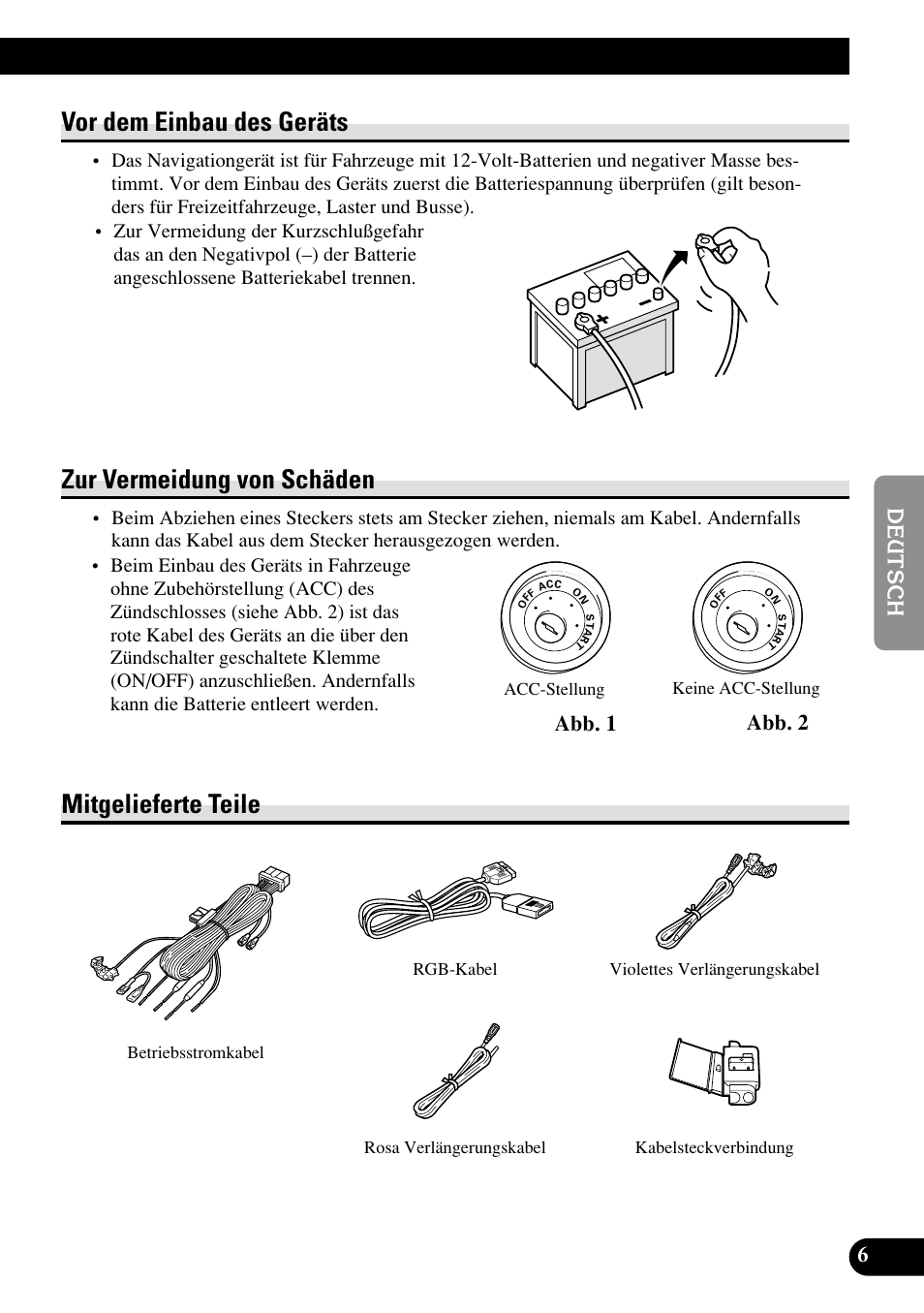 Vor dem einbau des geräts, Zur vermeidung von schäden, Mitgelieferte teile | Abb. 2, Abb. 1 | Pioneer AVIC70S User Manual | Page 55 / 148