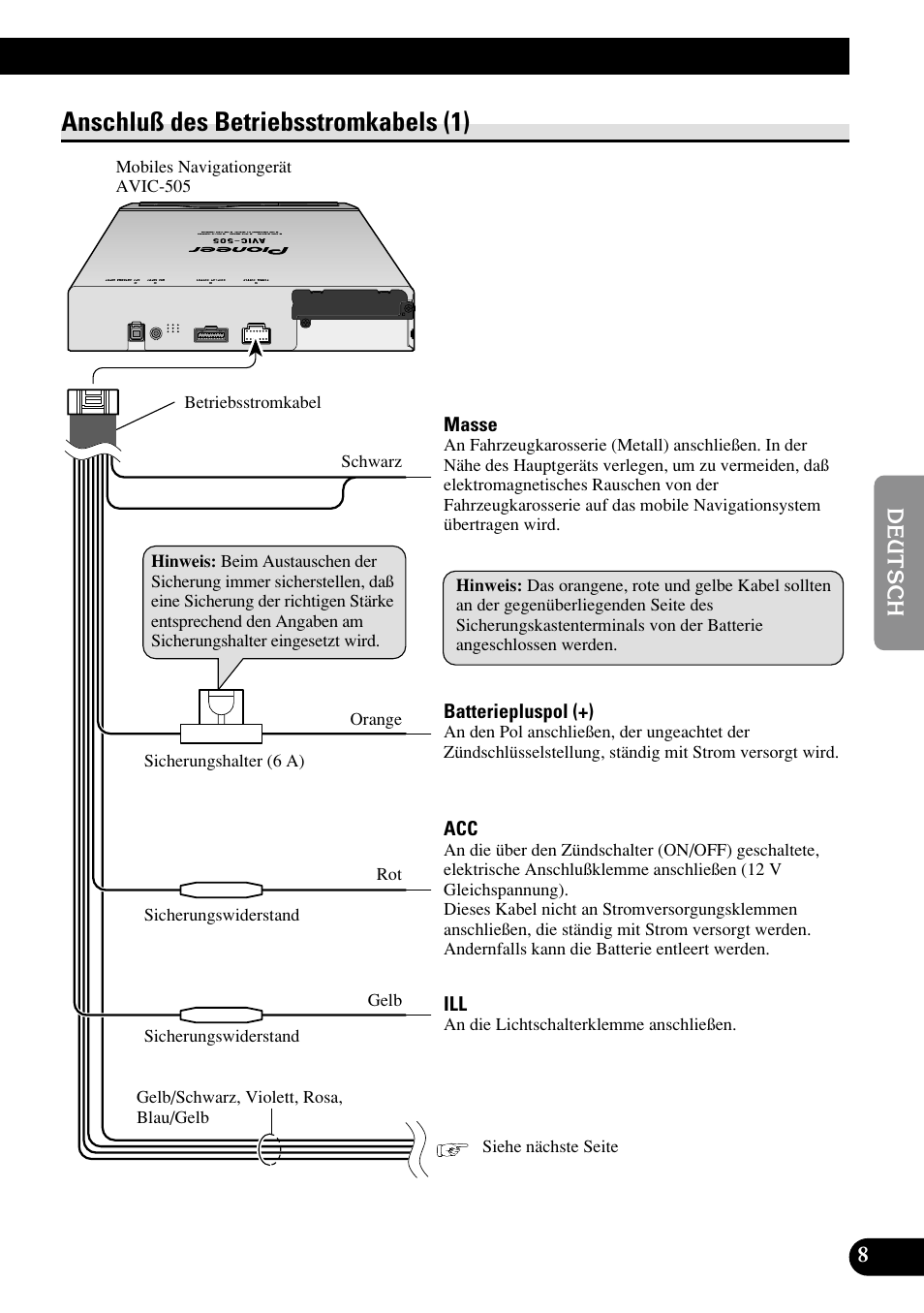 Anschluß des betriebsstromkabels (1) | Pioneer AVIC70S User Manual | Page 57 / 148
