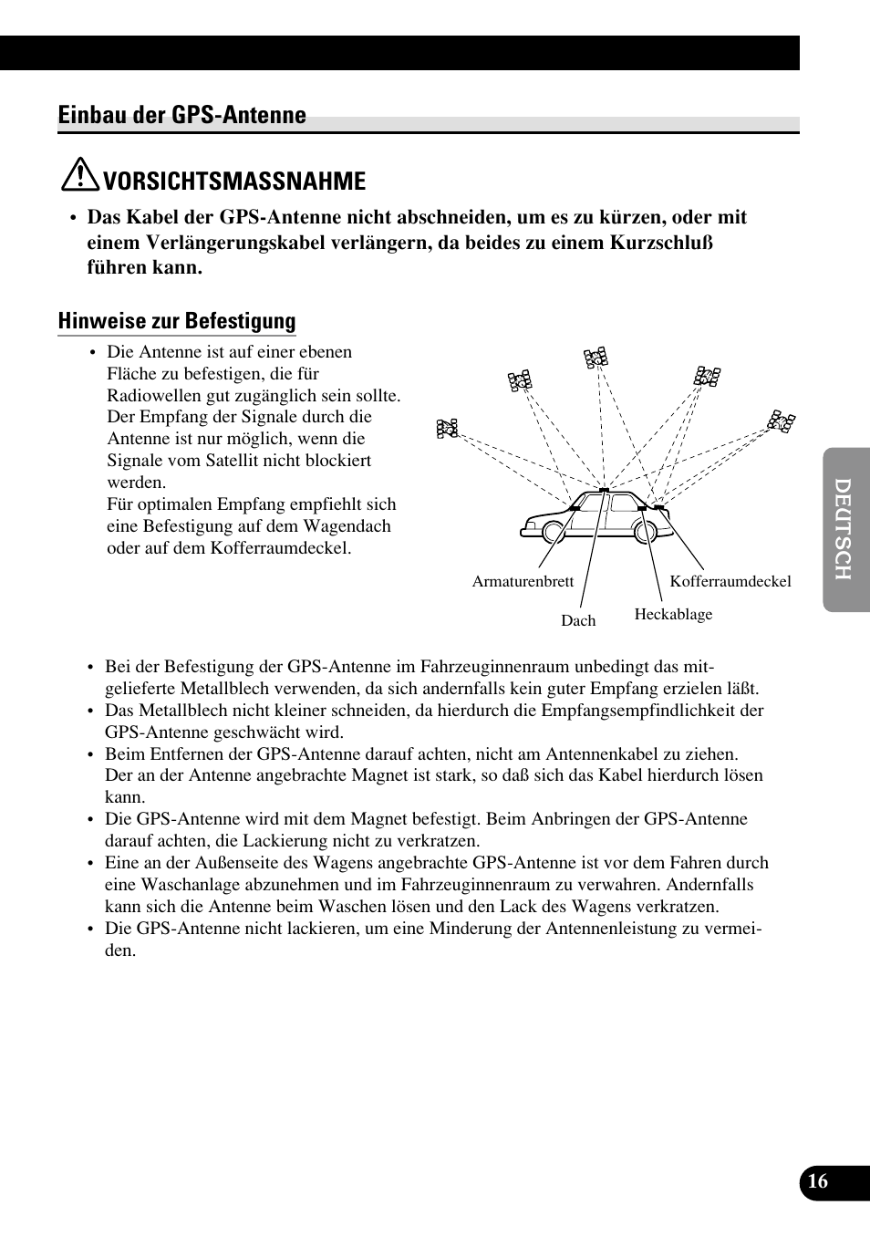 Einbau der gps-antenne, Vorsichtsmassnahme, Hinweise zur befestigung | Mitgelieferte teile, Einbau der gps-antenne vorsichtsmassnahme | Pioneer AVIC70S User Manual | Page 65 / 148