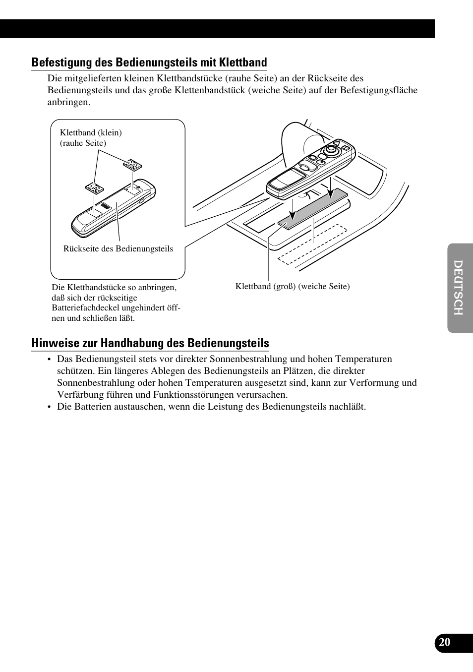 Befestigung des bedienungsteils mit klettband, Hinweise zur handhabung des bedienungsteils | Pioneer AVIC70S User Manual | Page 69 / 148